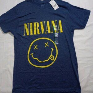 NWT Nirvana Graphic Short Sleeve L Denim Heather Yellow Smiley Face Band T-Shirt